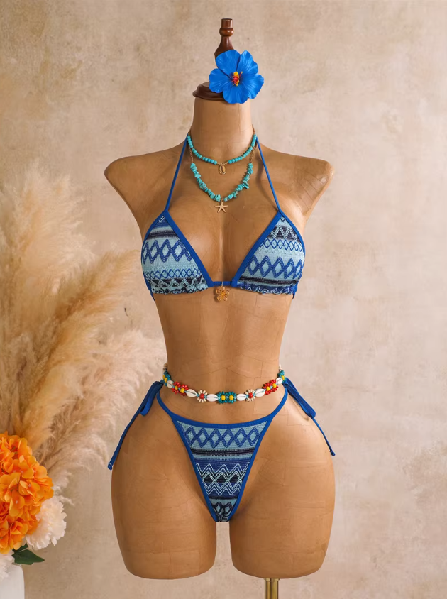 Azure blue textured triangle bikini set with tie-side bottoms displayed on mannequin.