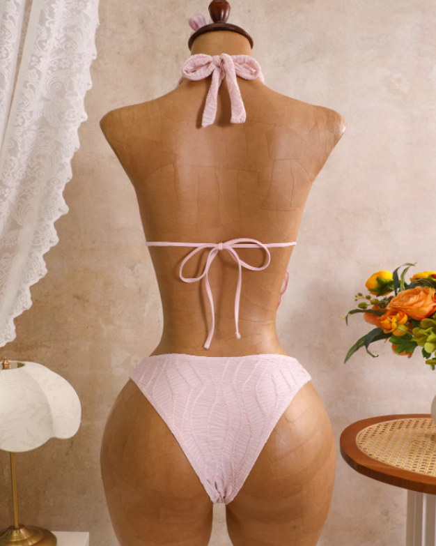 Back view of blush textured bikini set with adjustable halter tie, back tie fastening and cheeky high-leg bottoms.