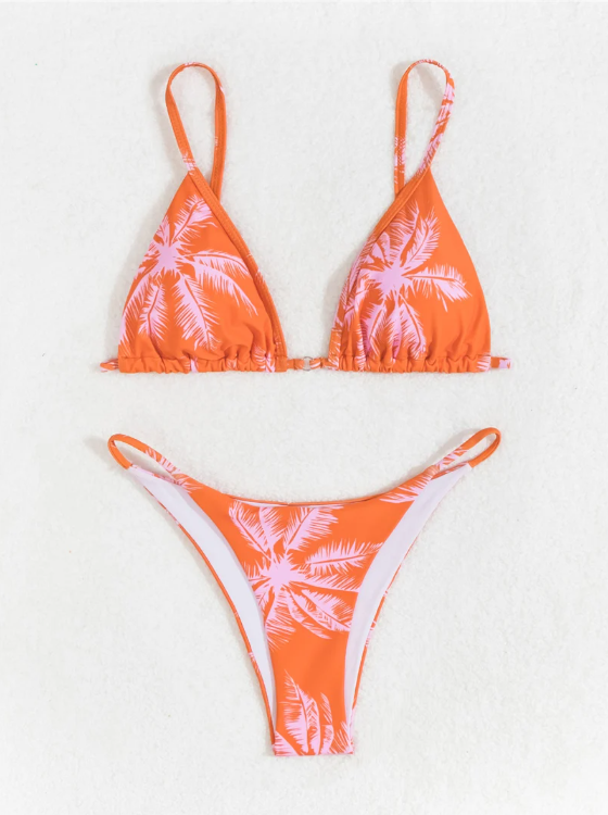 Campari orange tropical palm bikini set displayed flat with triangle top and cheeky bottoms.