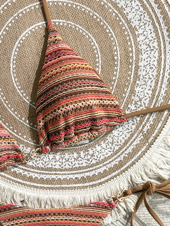 Cinque Terre brown striped bikini set with triangle top, tie-side bottoms and gold-tone hardware.