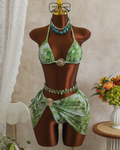 CURATOR Collection Capri green bikini and sheer sarong set worn by model with triangle halter top and gold-tone shell hardware.