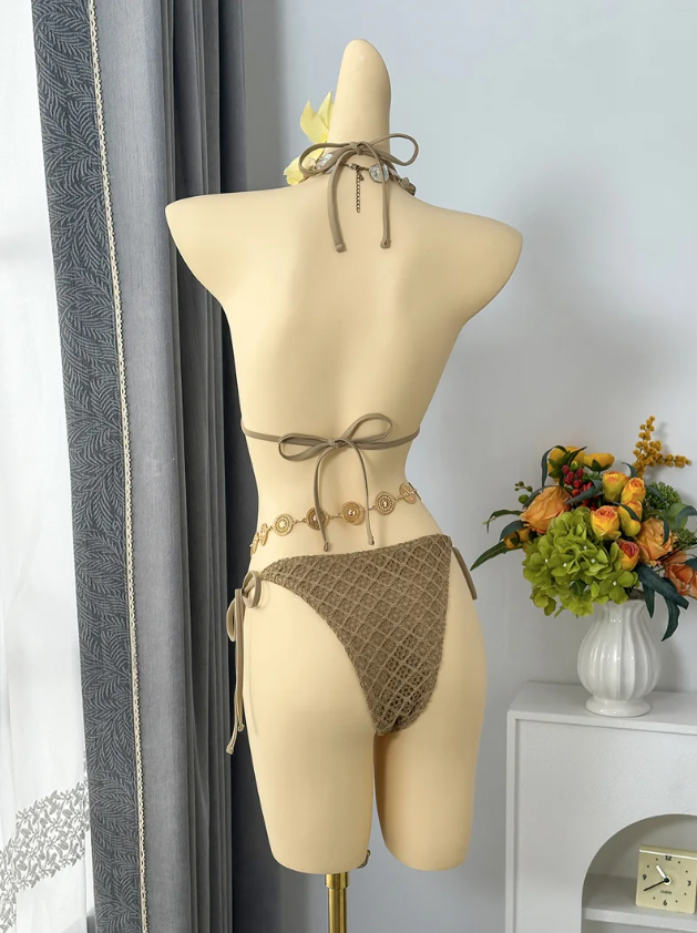 Back view of dune textured halter bikini with adjustable neck, back and side ties.