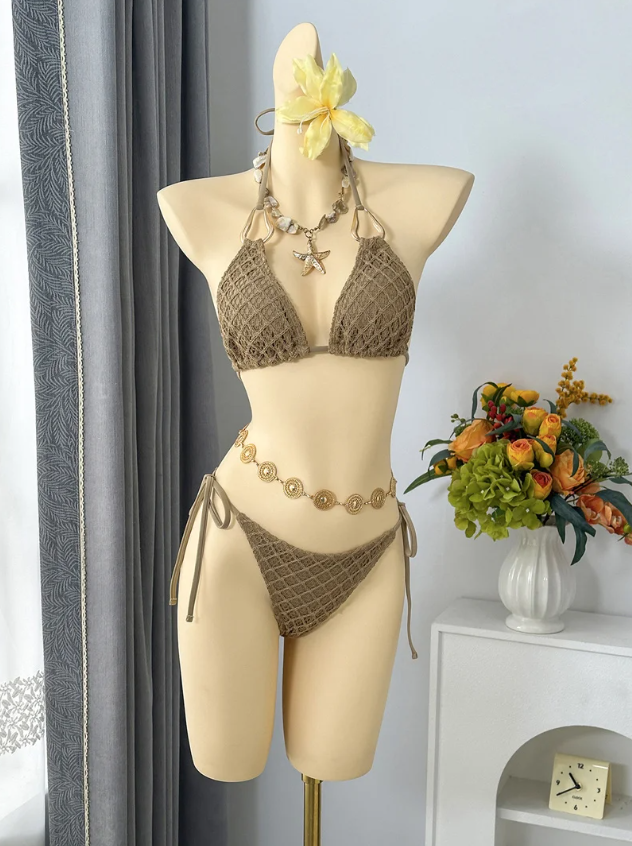 Dune textured triangle halter bikini with tie-side bottoms displayed on mannequin.