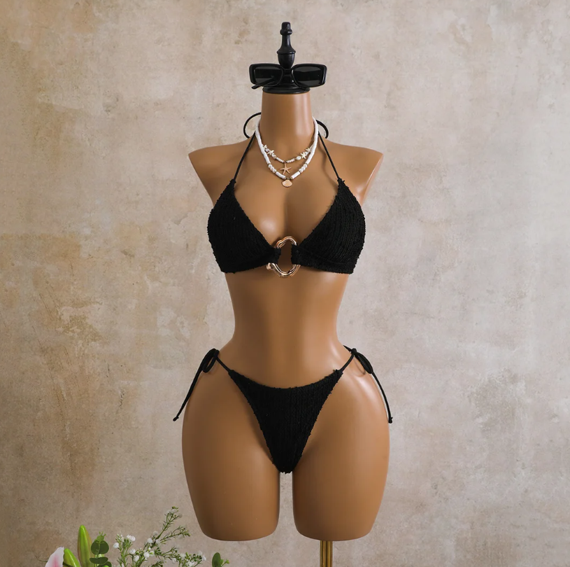 Black Milano Set bikini front view with textured triangle halter top, centre ring detail and matching tie-side bottoms.