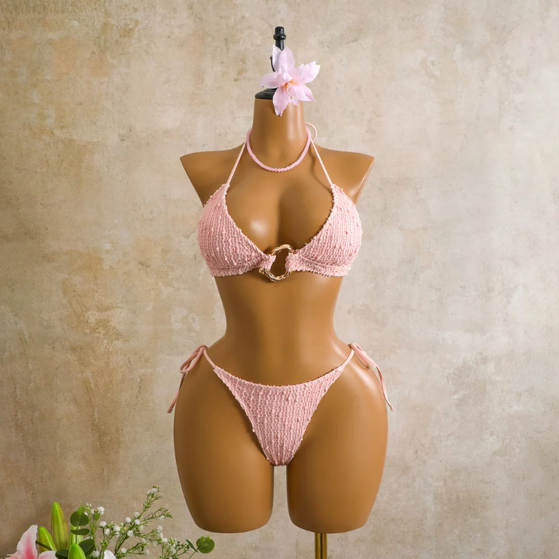 Camellia Milano Set bikini front view with textured triangle halter top, centre ring detail and matching tie-side bottoms.