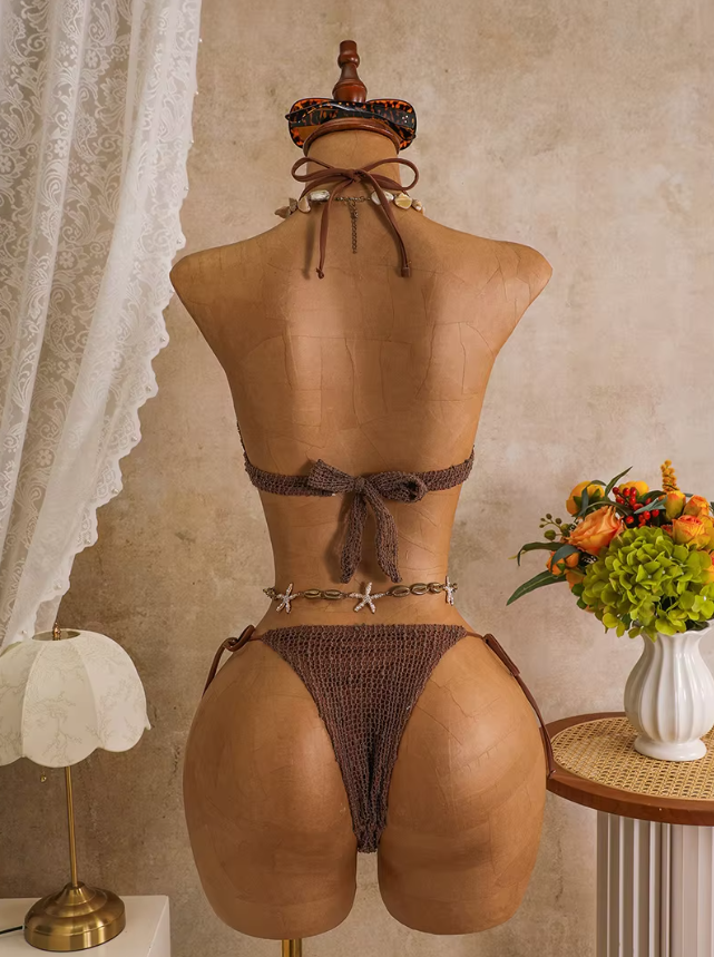 Back view of the mocha Milano Set bikini showing halter tie top, back tie closure and matching tie-side bottoms.