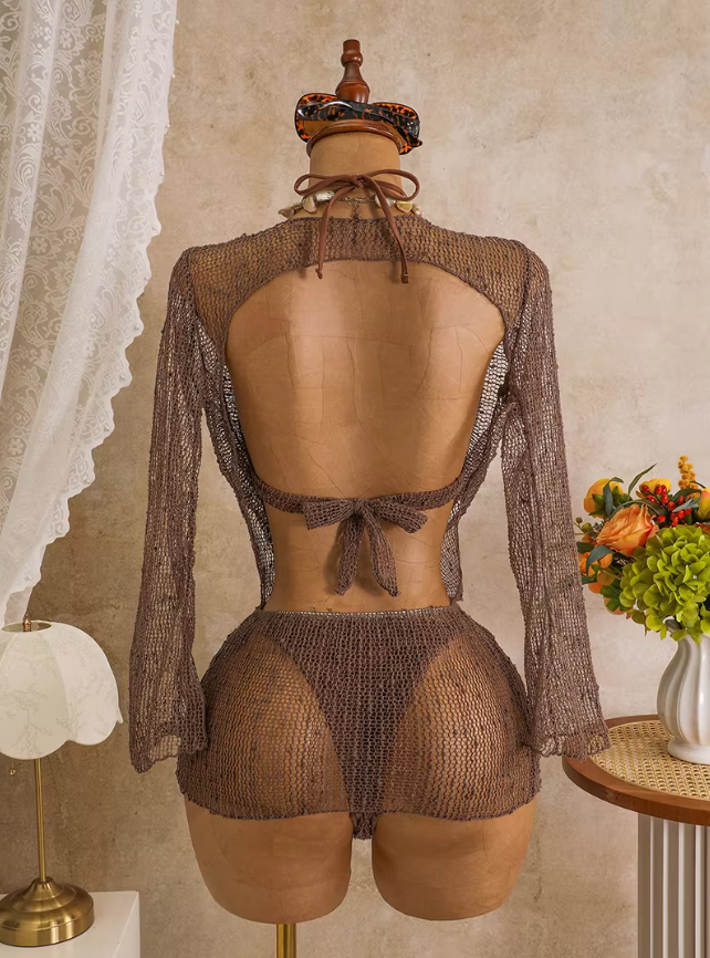 Back view of the mocha Milano Set cover-up showing open back detail, tie closure and sheer open-knit finish.