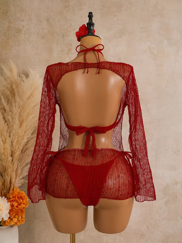Back view of the sangria Milano Set cover-up showing open back detail, tie closure and sheer open-knit finish.