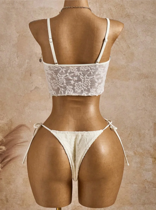 Back view of white CURATOR Collection Sangria Set with lace cami top, adjustable straps and tie-side bikini bottoms.