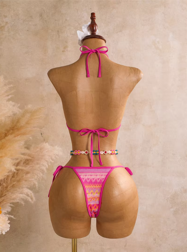 Back view of flamingo pink triangle bikini set with halter neck tie, back tie and tie-side bottoms.