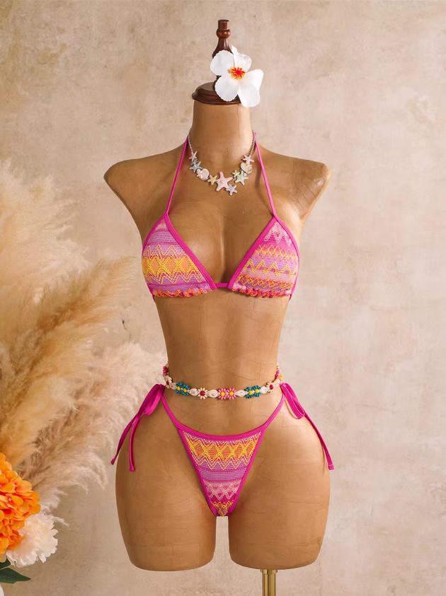 Flamingo pink textured triangle bikini set with tie-side bottoms displayed on mannequin.