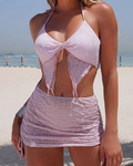 Front view of Maya pink textured bikini and mini skirt set with cut-out halter top and side-ruched skirt.