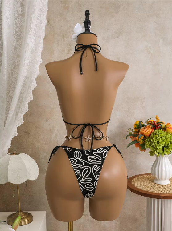 Back view of black embroidered bikini set with adjustable halter tie, back tie and cheeky tie-side bottoms.