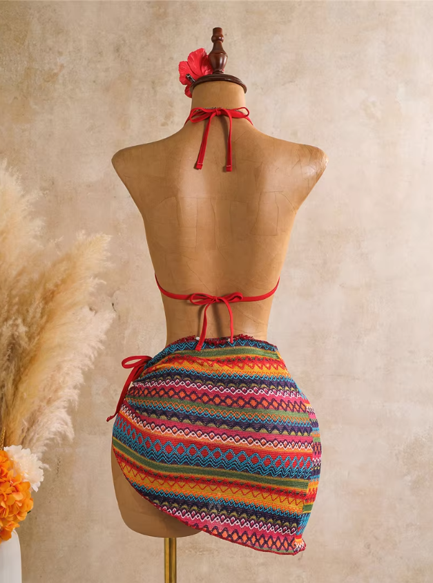 Back view of rainbow textured bikini and matching wrap sarong with halter neck tie and back tie fastening.