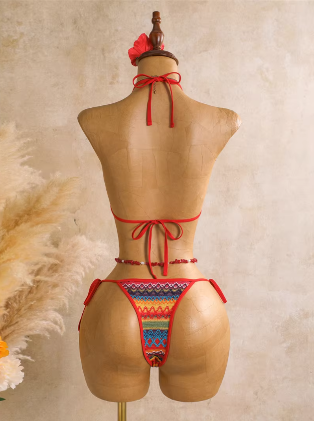 Back view of rainbow triangle bikini set with halter neck tie, back tie and tie-side bottoms.