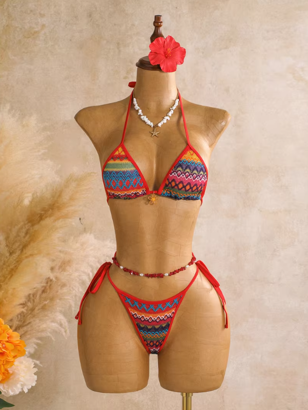 Rainbow multicolour textured triangle bikini set with red binding and tie-side bottoms displayed on mannequin.
