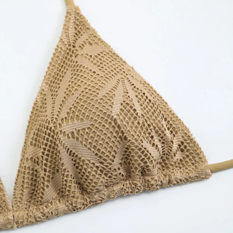 Close-up of the Ravello Bikini & Skirt Set bikini top in taupe, highlighting the crochet-look texture and triangle cup shape.