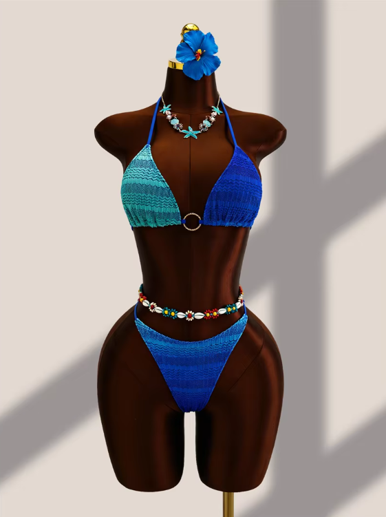 Aqua and cobalt crochet-look triangle bikini set with centre ring hardware and high-leg bottoms on mannequin.