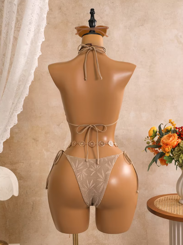Back view of dune openwork triangle bikini set with halter neck tie, back tie and tie-side bottoms.