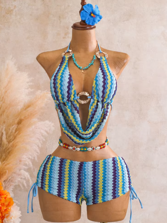 Aqua crochet-look chevron swim set with halter scarf top and side-tie shorts on mannequin.