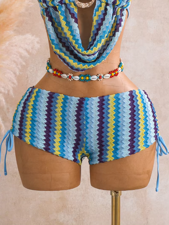 Aqua chevron short bottoms with side ties and crochet-look open-knit texture.