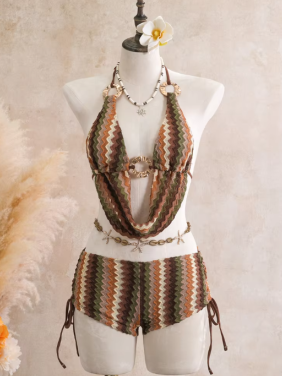 Cocoa-crochet-look chevron swim set with halter scarf top and side-tie shorts on mannequin.