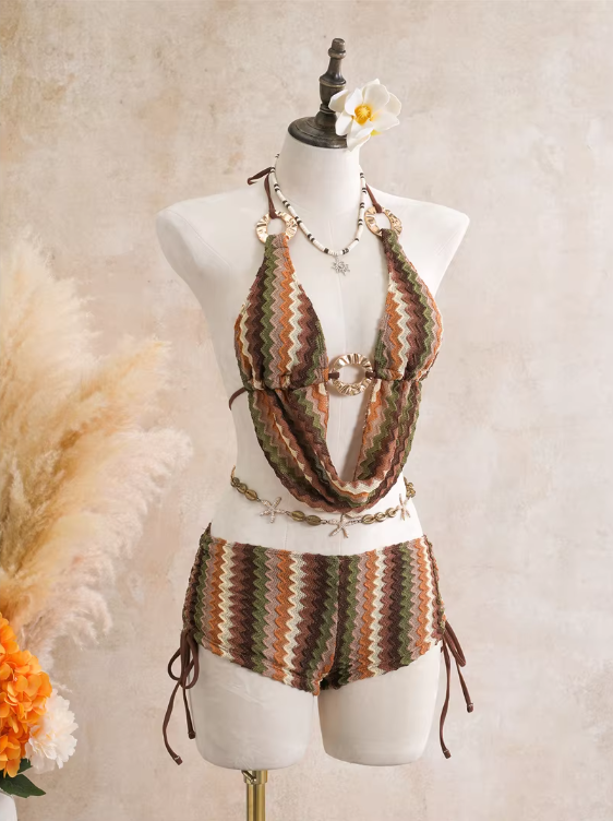 Thalassa cocoa chevron halter swim set with gold-tone shell hardware and short bottoms.
