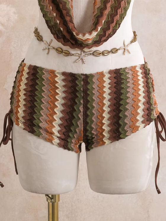 Cocoa chevron short bottoms with side ties and crochet-look open-knit texture.