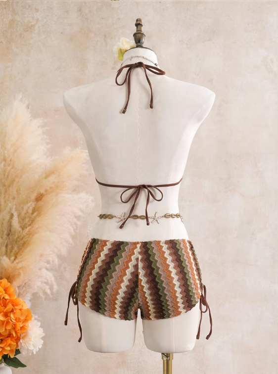 Back view of cocoa chevron swim set with halter neck tie, back tie and side-tie shorts.