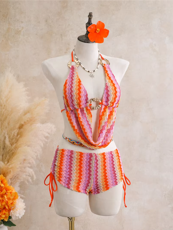 Thalassa flamingo chevron halter swim set with gold-tone shell hardware and short bottoms.