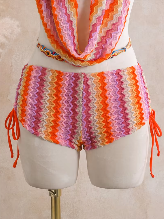 Flamingo chevron short bottoms with side ties and crochet-look open-knit texture.