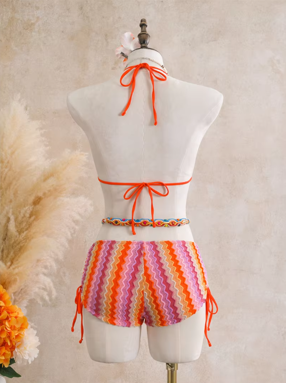 Back view of flamingo chevron swim set with halter neck tie, back tie and side-tie shorts.