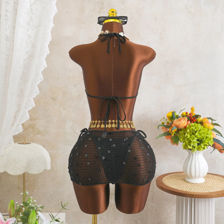 Back view of black crochet-look bikini and sheer mini skirt set with halter tie, back tie and open-knit skirt.