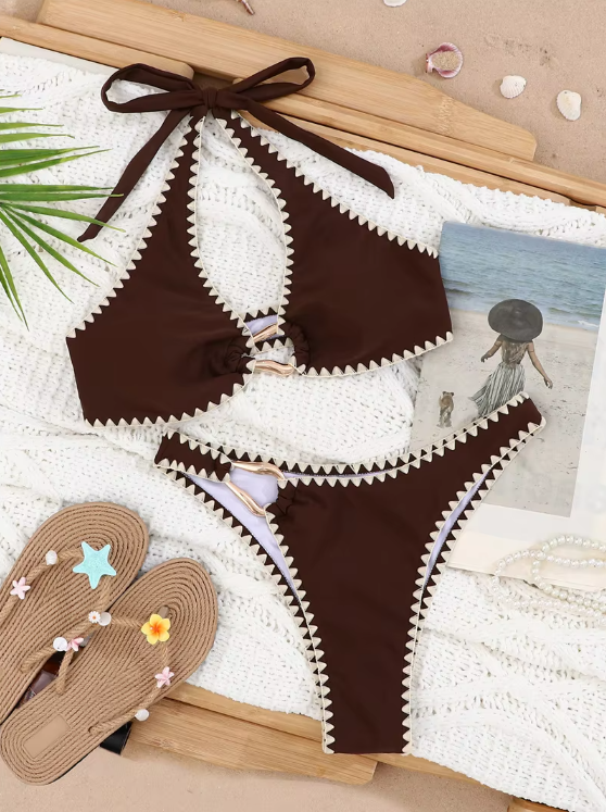 Mocha Zinnia Bikini Set flat lay with contrast scalloped trim, halter top, ring hardware and matching bottoms.
